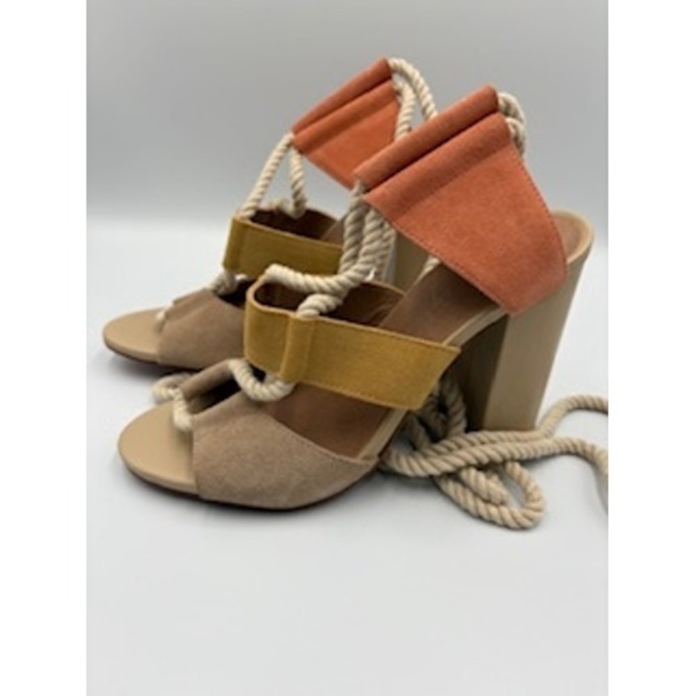 Bettye Muller Transit Calypso Colorblock Sandals 6 Tan Orange Yellow Lace Up NEW